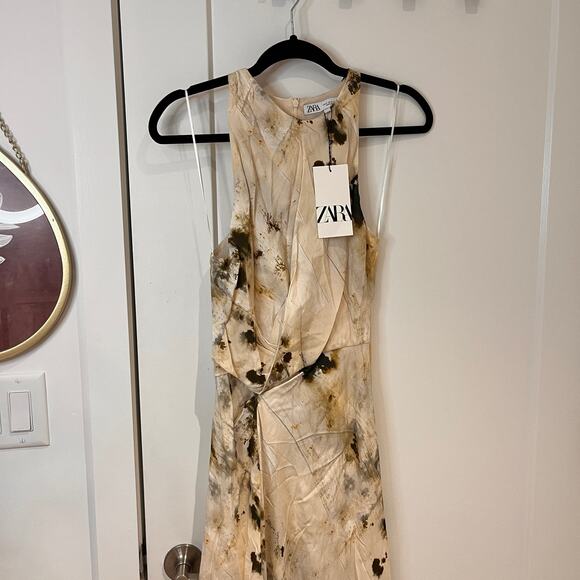 NWT Zara ZW Collection Cream Printer High Neck Gathered Maxi Dress Small - Picture 3 of 12